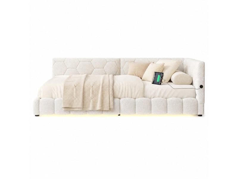  Canapé convertible lit de jour avec sommier à lattes, éclairage réglable, ports usb et type c, velours blanc  - Conforama A
