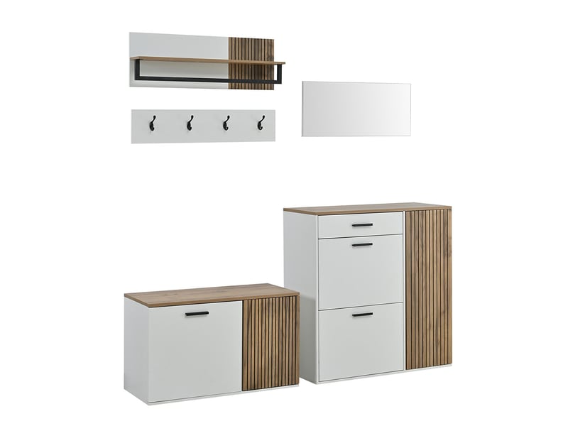 Ensemble meuble à chaussures portemanteau 5 pièces armoire banc miroir étagère suspendue panneau 4 crochets pour couloirs entrées salons  - Conforama A