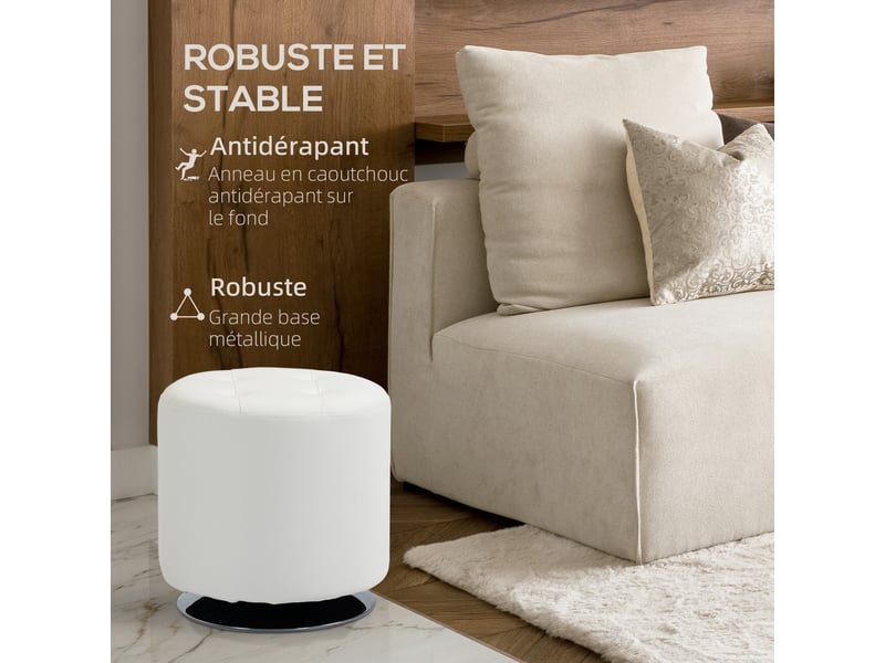  Repose pied salon pivotant à 360°, ottoman rond rembourré en pu avec base en acier, blanc,  45,5 x 44,5 cm  - Conforama R