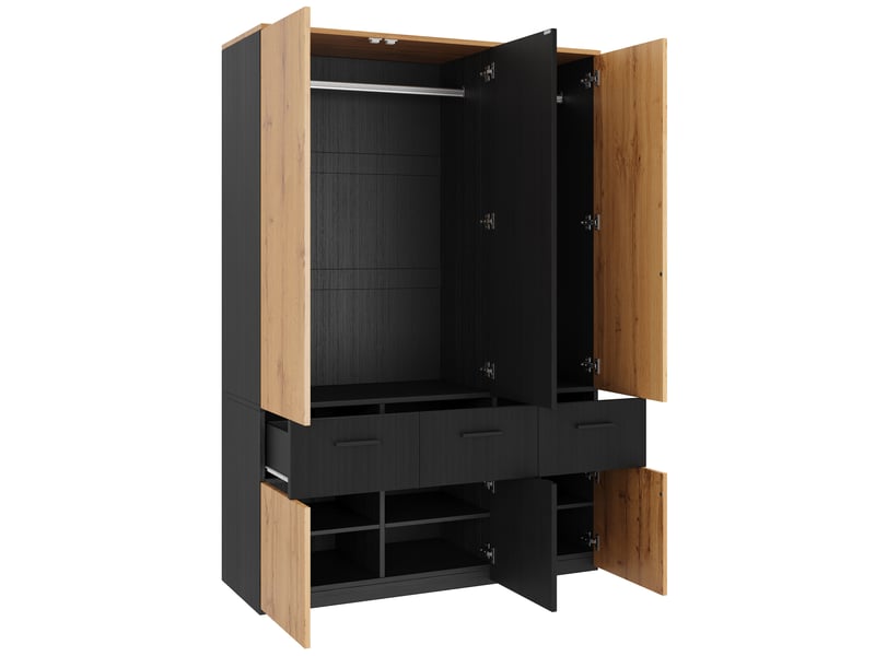  Armoire penderie haute portes persiennes 2 tringles 3 tiroirs 135x50x200 cm noir et bois  - Conforama R