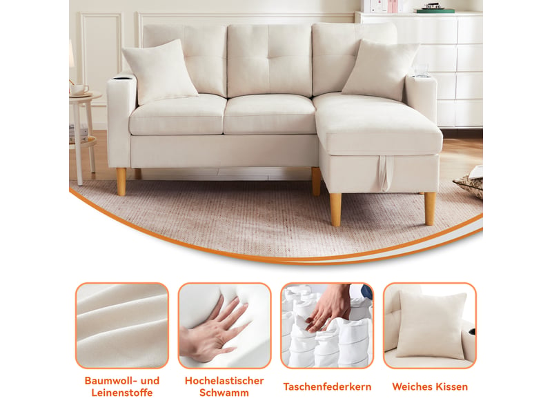  Canapé d'angle 3 places beige en tissu aspect lin avec chaiselongue et rangement intégré  - Conforama E