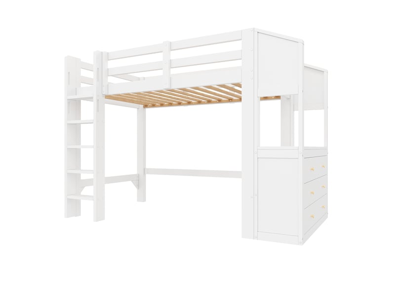Lit mezzanine 90×200 cm avec 6 tiroirs, étagères et éclairage led, pin et mdf blanc - Conforama D