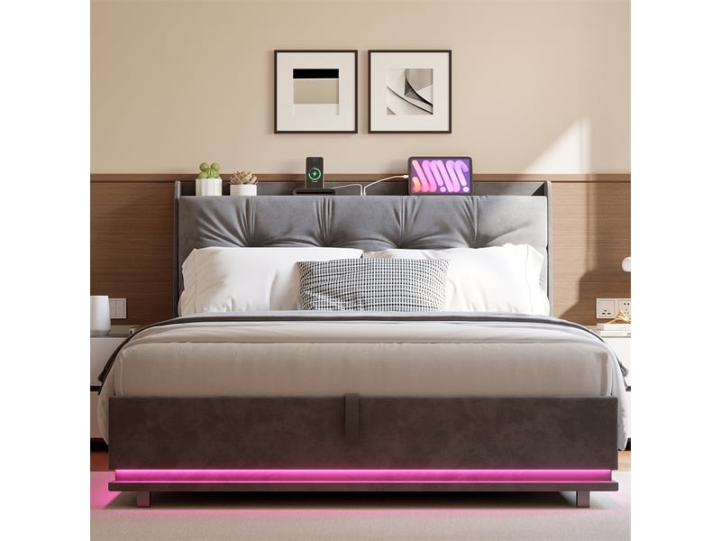  Lit 160x200cm - lit coffre 160x200cm - lit rembourré velours, tête de lit led, usb et sommier relevable avec rangement - gris  - Conforama C