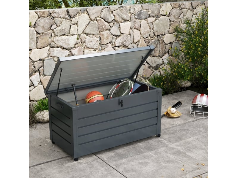  Coffre de rangement extérieur 120 x 62 x 66 cm – gris foncé – 311 l, roulettes et couvercle verrouillable  - Conforama B