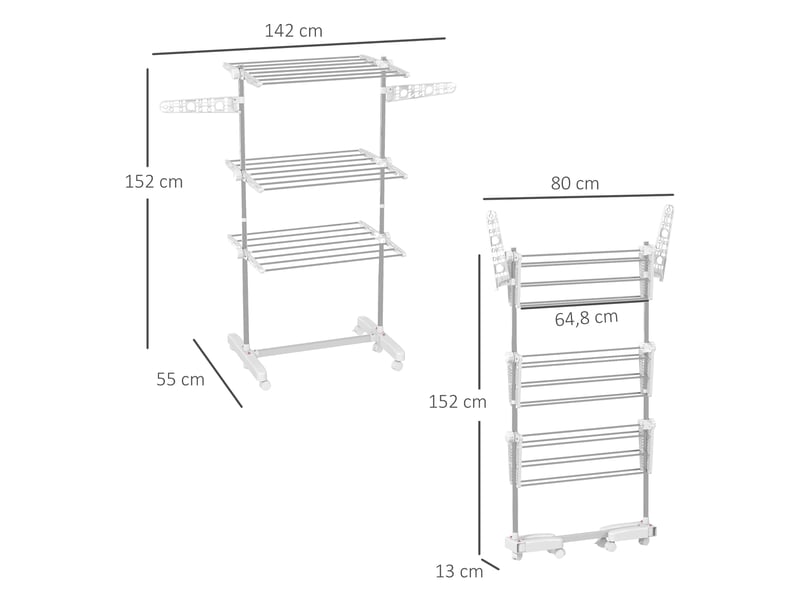 Séchoir à linge pliable avec ailettes latérales, pour une utilisation intérieure et extérieure, 142 x 55 x 152 cm, 3 niveaux, blanc - Conforama E