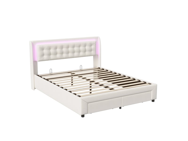 Lit coffre 2 places 140x190 cm avec rangement, lit adulte, 2 tiroirs, tête de lit, led, design luxueux, velours beige - Conforama A
