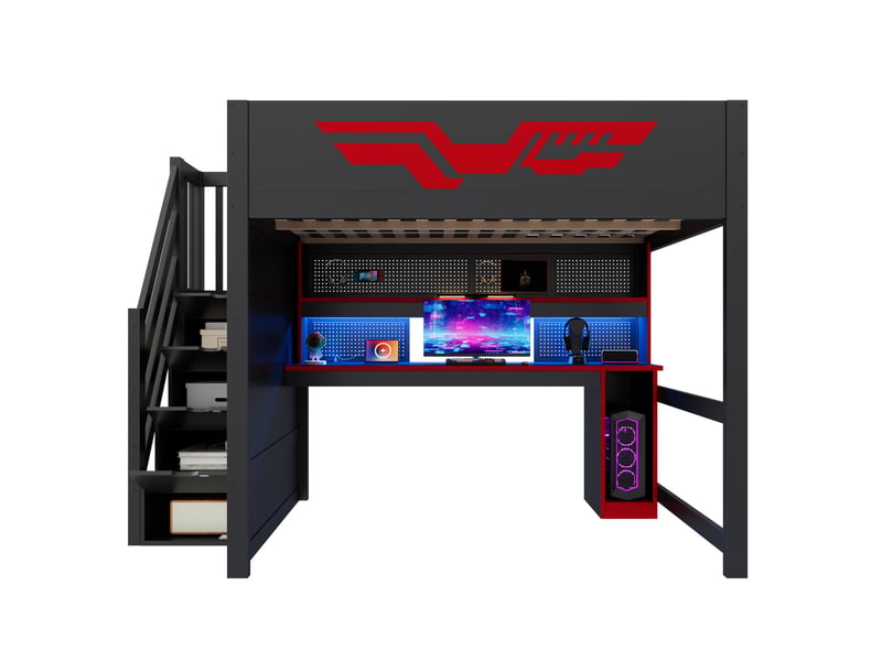  Lit mezzanine 140x200 cm avec bureau, rangements, led et port usb, noir et rouge  - Conforama A