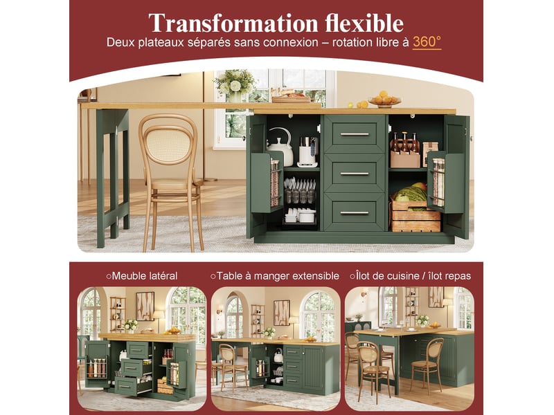 Ilot de cuisine multifonction 120x40x74 cm plateau extensible rotatif 360° mdf vert antique - Conforama E