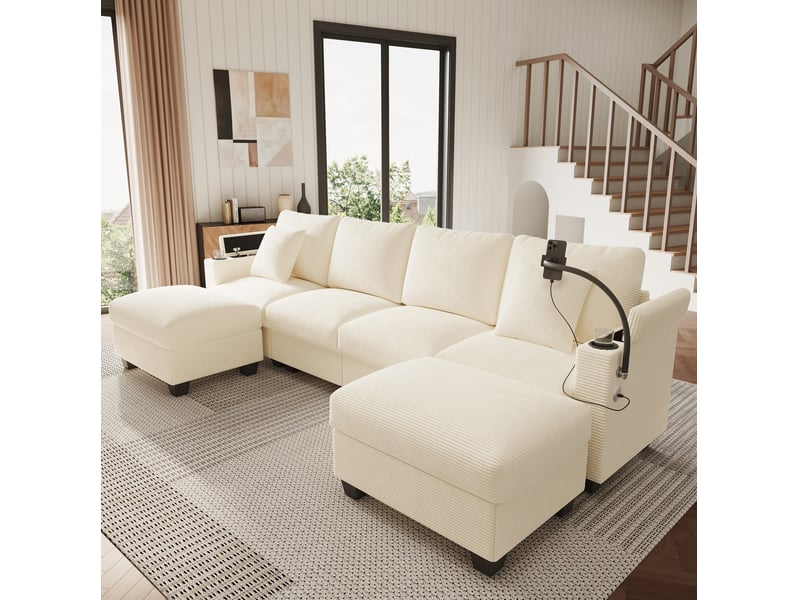  Canapé modulable convertible en u 5 à 6 places en velours côtelé beige avec pouf  - Conforama D