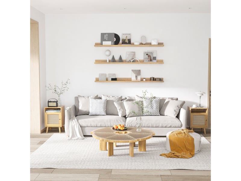  Ensemble de 2 tables de chevet style cannage avec porte et compartiment ouvert, dimensions : 39 x 35 x 60 cm, couleur naturelle  - Conforama D