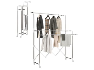 Séchoir à linge pliable 3 barres roulettes acier argent 104-150 x 103 x 145-197 cm