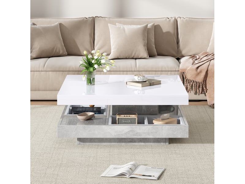  Table basse avec plateau pivotant à 360 degrés et niche de rangement, finition brillante, pour salon, 70 × 70 × 36 cm  - Conforama C