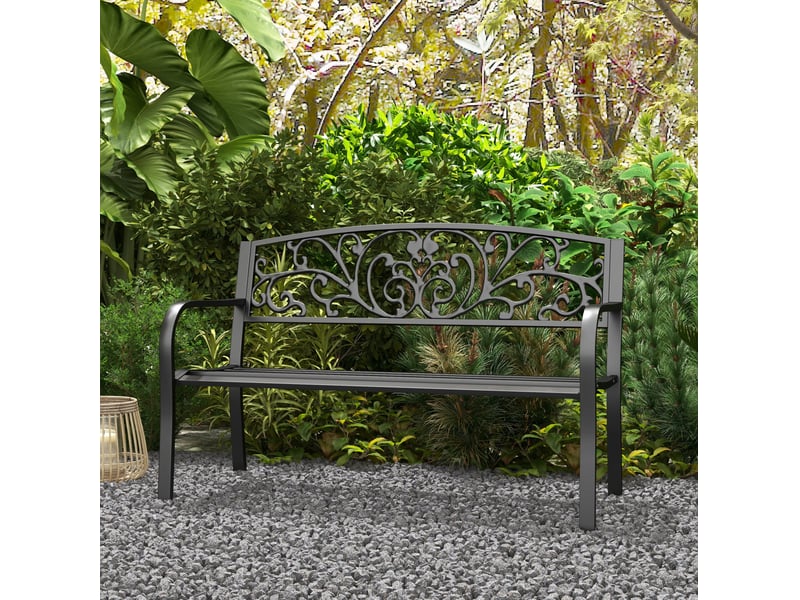  Banc de jardin 2 places en métal avec dossier et accoudoirs, noir, résistant aux intempéries  - Conforama D