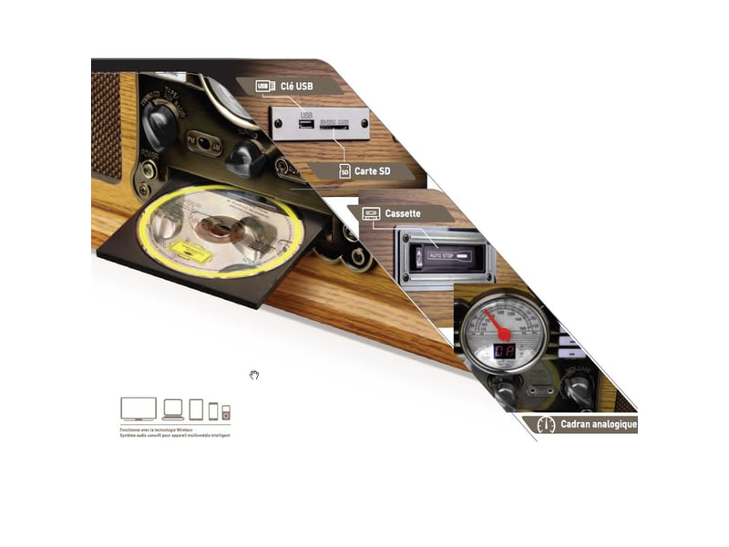  Bm sonic britz tourne-disque rétro 50w 33-45-78 tours bluetooth usb sd radio fm lecteur cd cassette stéréo bois + clé usb 32go  - Conforama E