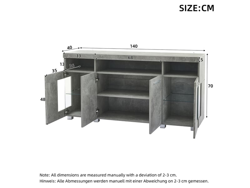 Buffet large 140x40x70cm gris ciment, meuble tv avec 3 tiroirs et 6 compartiments, design industriel moderne - Conforama C
