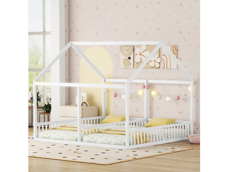  Lit cabane 2 couchages 90x200 cm blanc avec barrières  - Conforama D