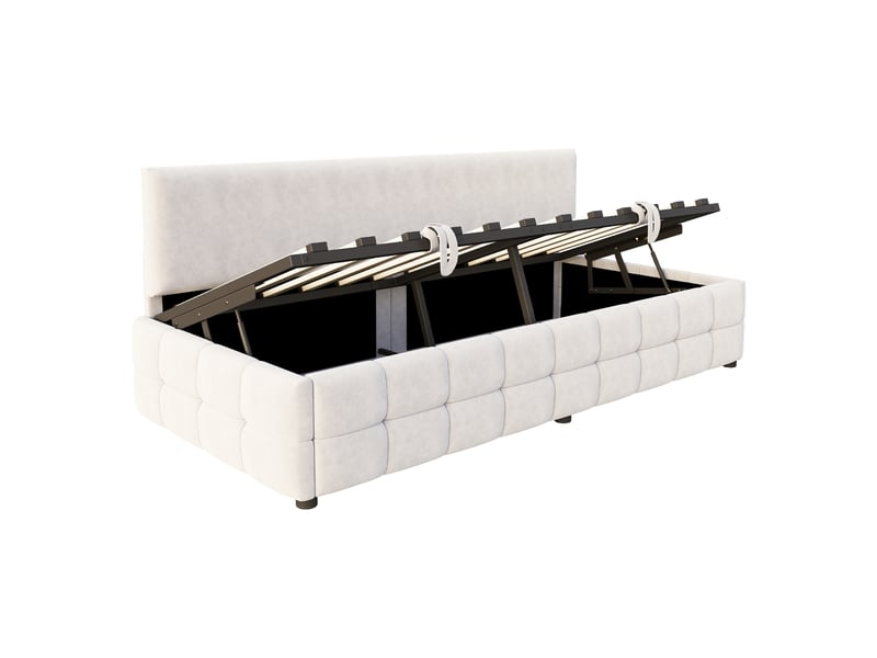  Canapé-lit 90x200 velours beige, rangement hydraulique, dossier, motif à carreaux  - Conforama D