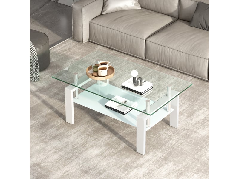 Table basse fixe avec deux plateaux en verre trempé, structure en métal blanc, pour salon, 100 × 60 × 44 cm - Conforama C
