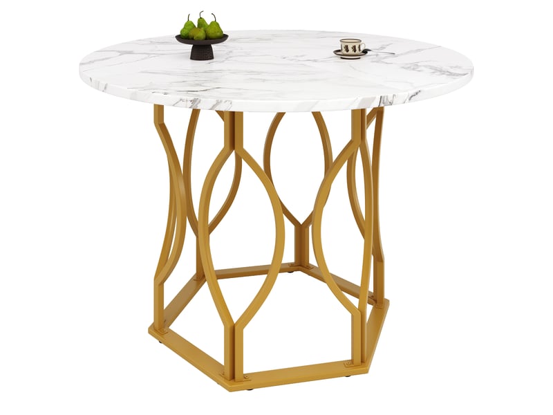  Ensemble repas 5 pièces avec table ronde diamètre 100 cm, plateau blanc effet marbre et 4 chaises en velours vert foncé  - Conforama D