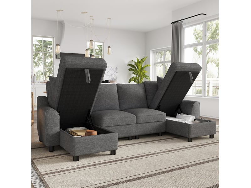  Canapé d'angle modulable en u modenvie 4 places en chenille avec 2 méridiennes et rangements gris 280 x 137 x 84 cm  - Conforama E