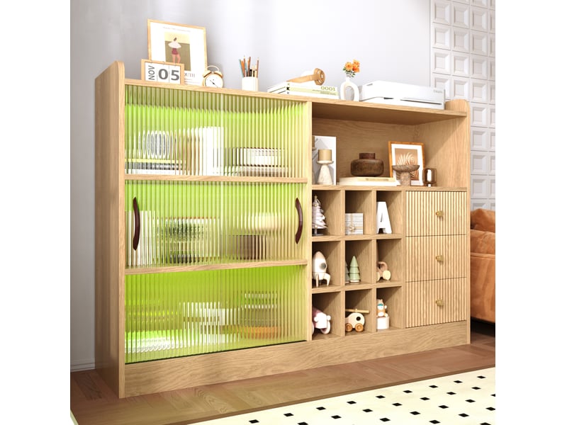  Buffet vintage avec 2 portes coulissantes, 3 tiroirs, casier à bouteilles et led pour salle à manger 120 × 30 × 85 cm  - Conforama E