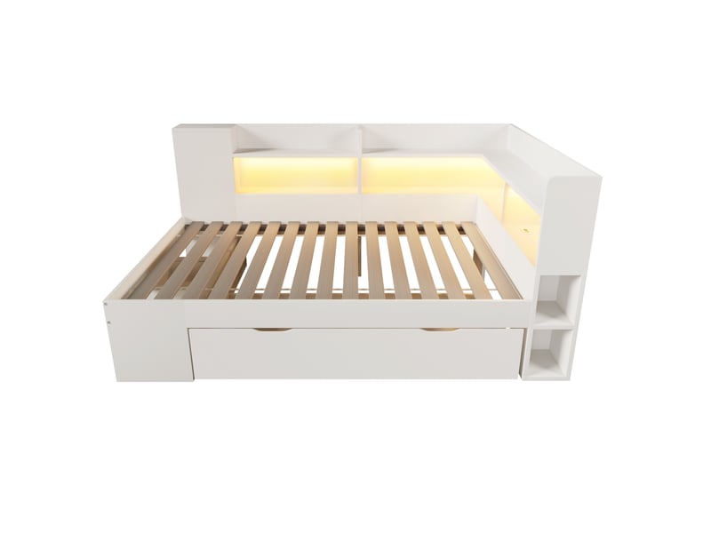  Lit simple 90x200 cm avec tiroirs, éclairage intégré et prises de recharge, mdf et panneau de particules, blanc avec matelas  - Conforama E