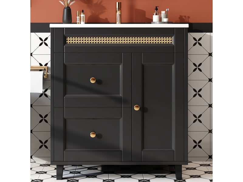 Meuble sous vasque sur pied avec 2 tiroirs silencieux et portes à fermeture douce - lpospi - vasque intégrée, poignées dorées, céramique et mdf noir, 76 × 46 × 86,5 cm - Conforama C