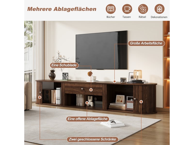  Meuble tv 180 cm pour écran jusqu’à 75 pouces, 2 portes à rideau rainurées, 1 tiroir, niche ouverte, coins arrondis, grand rangement, effet noyer  - Conforama E