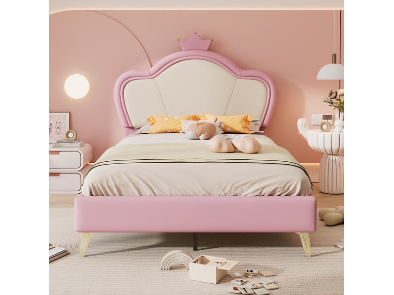  Lit enfant 90 x 200 cm avec tête de lit couronne, pu rose et blanc, 12 lattes en bois  - Conforama D