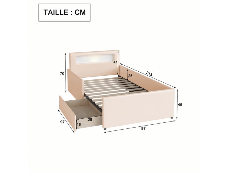  Lit enfant avec rangement 90 x 200 cm - rembourré beige, veilleuse led et usb à charge rapide  - Conforama C