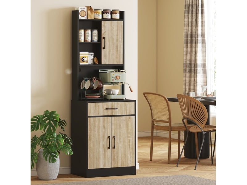  Meuble de cuisine avec plan de travail et passe-câble, 60x40x180 cm, 1 tiroir, 3 niches ouvertes, panneau de particules, bois naturel et noir  - Conforama E