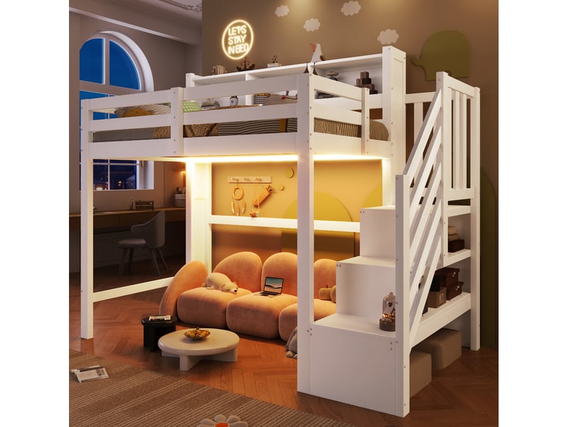 Lit mezzanine 90x200 cm avec rangements et éclairage led en pin blanc - Conforama C