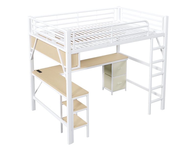  Lit mezzanine gamer 140 x 200 cm, métal, bibliothèque, bureau, armoire, usb, led, blanc  - Conforama E