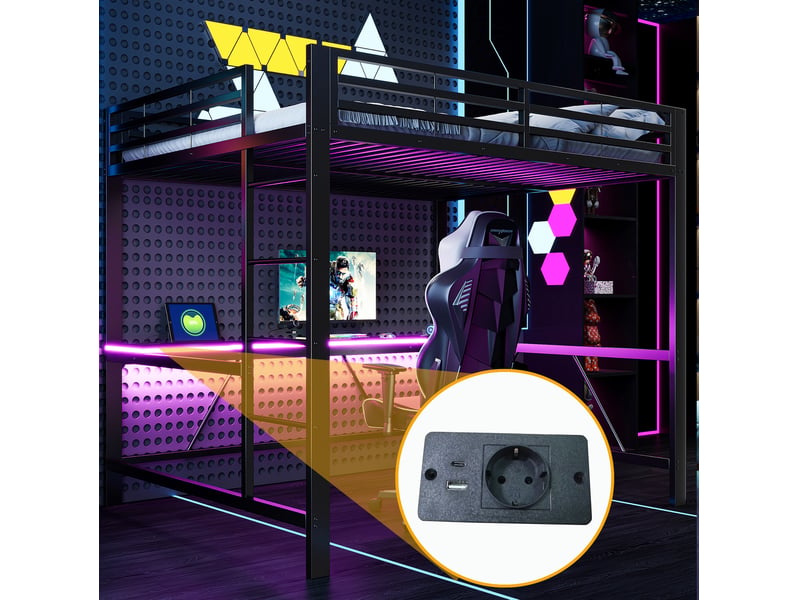  Lit mezzanine en métal 160x200 cm avec bureau, éclairage led et usb noir  - Conforama E