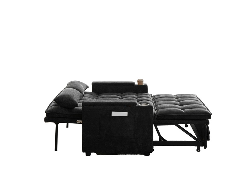  Canapé-lit tcqpz 3 en 1 convertible 142 x 89 x 89 cm en chenille noir avec rangement et porte-gobelets  - Conforama D
