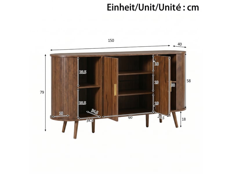  Buffet arrondi 150 cm décor noyer, 2 portes coulissantes et 2 battantes, étagère centrale réglable  - Conforama C
