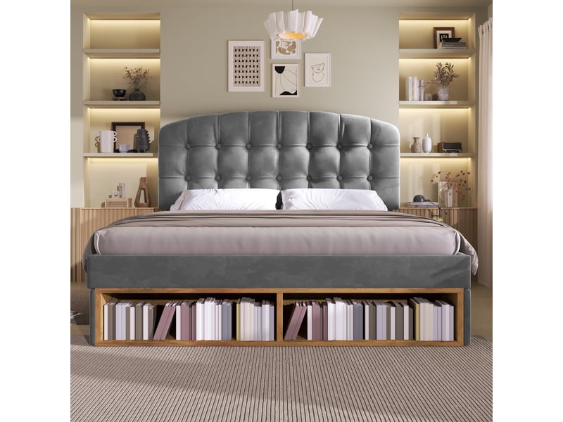  Lit double rembourré 140 x 190 cm avec tiroirs, rangements et tête de lit réglable, velours gris, sommier à lattes Fay Lum - Conforama E