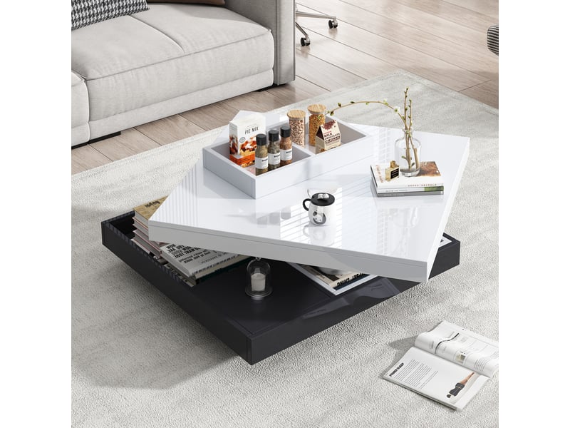  Table basse pivotante 360 avec rangement, table de salon blanc et noir haute brillance, 70x70x36 cm  - Conforama B