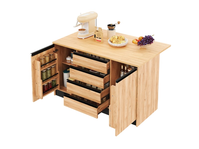  Îlot de cuisine 140 cm avec plan de travail rabattable, 4 tiroirs, naturel et noir  - Conforama A