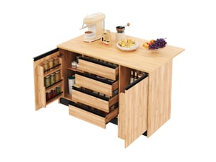 Îlot de cuisine 140 cm avec plan de travail rabattable, 4 tiroirs, naturel et noir