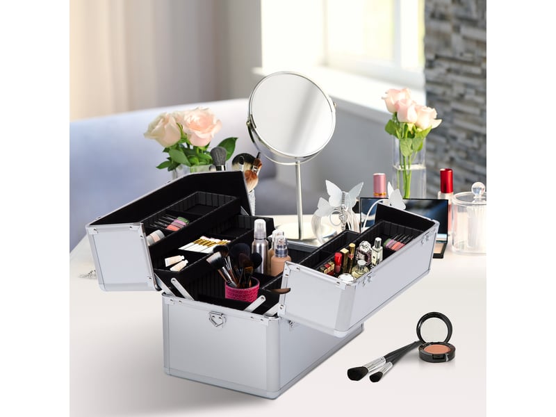  Mallette maquillage valise maquillage à 3 niveaux, boîte de cosmétiques avec clés, 36,5 x 24 x 29 cm, argent  - Conforama C