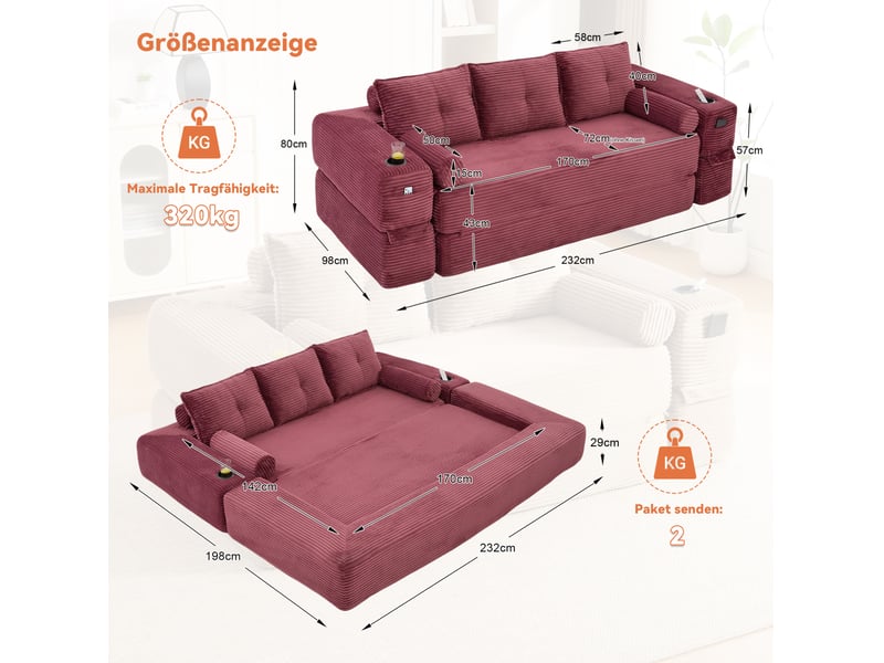  Canapé convertible 3 places avec poches, porte-gobelets et coussins à mémoire de forme, en velours côtelé rouge  - Conforama C