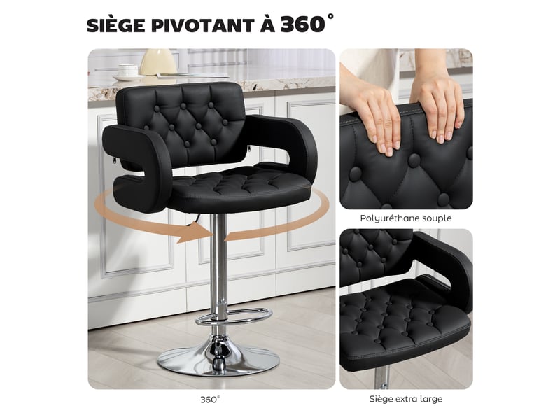  Tabouret de bar pivotant chaise de bar réglable en hauteur avec dossier repose-pieds et accoudoirs noir 61x50x93-113cm  - Conforama E