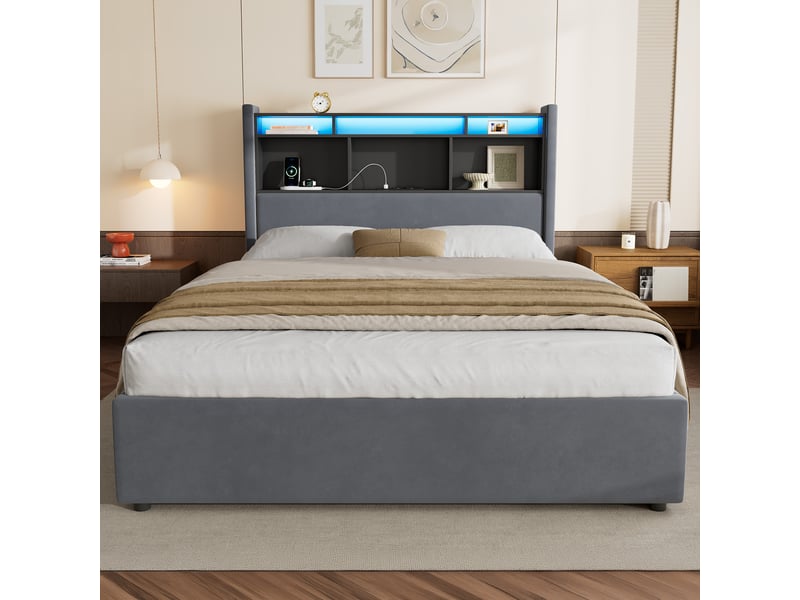  Lit coffre 140x190 cm adulte avec led et station de charge, rangement hydraulique, velours gris foncé  - Conforama B
