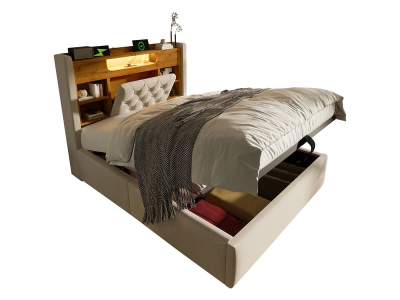  Lit coffre 90x200 cm, lit rembourré avec rangement hydraulique, led, usbtype-c, tête de lit avec étagère, tissu en lin, sans matelas - beige  - Conforama A