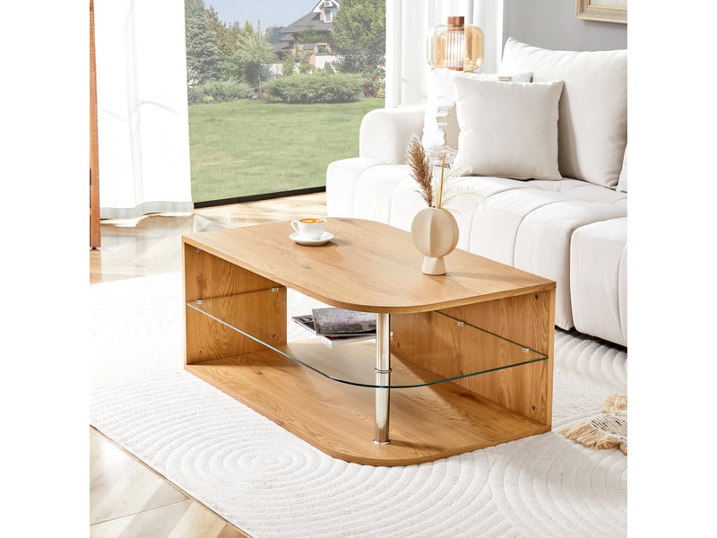  Table basse ulevr avec rangement sur étagère en verre et tablette inférieure, 100 x 60 x 42 cm, mdf couleur bois naturel  - Conforama E