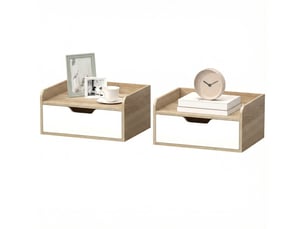Lot de 2 tables de chevet murales, tables de nuit avec tiroir et plateau à rebords surélevés, bois naturel, 40x30x19,5cm