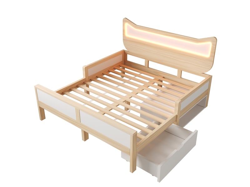 Lit enfant 140 x 200 cm avec tiroir et led rgb, pin et mdf, blanc et décor chêne - Conforama W