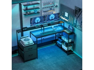 Bureau gaming l-forme avec led et prises électriques, support double moniteur, 165x80x91,5 cm, finition bois noir