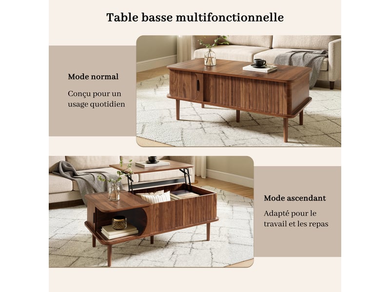  Table basse rétro moderne, plateau réglable en hauteur, porte coulissante, aspect noyer, rainures verticales, pieds en bois, table de salon multifonctionnelle  - Conforama D